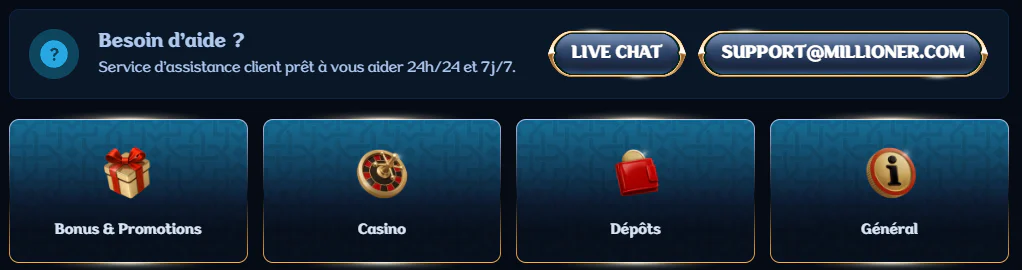 Millioner Casino assistance client avec live chat, e-mail et rubriques d’aide pour les dépôts, retraits et vérification